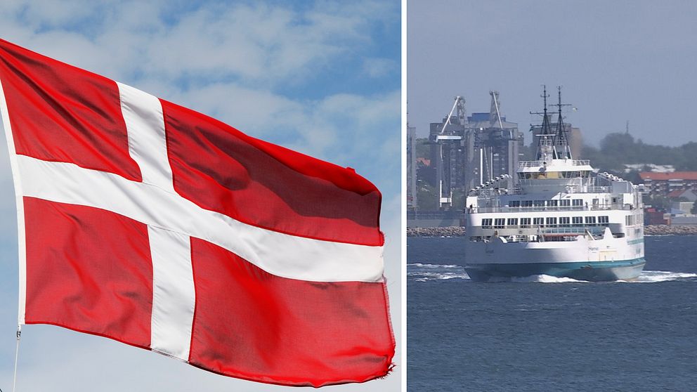 Till vänster i bild syns Danmarks flagga och till höger en bild på en färja.