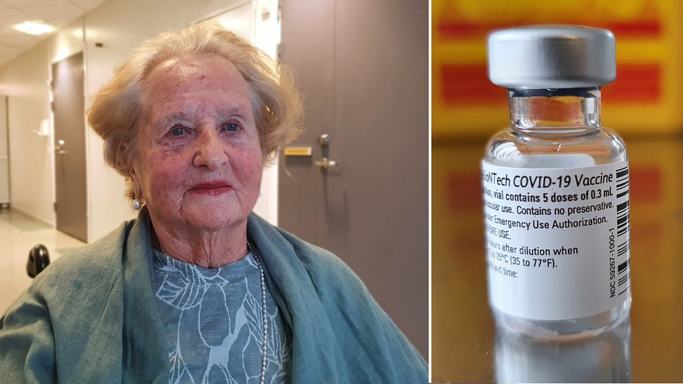 Kvinna bredvid en ampull med vaccin mot covid-19.