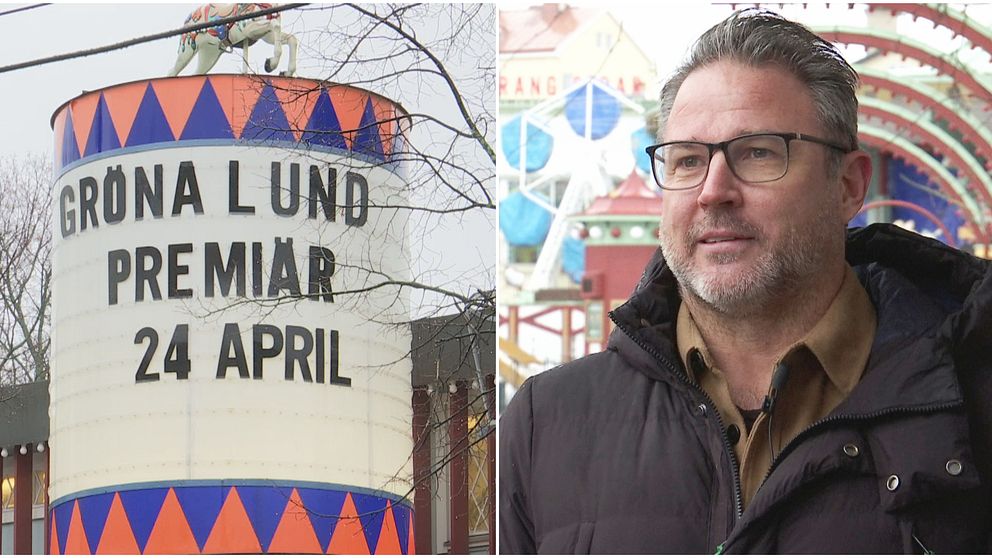 En skylt med texten Gröna Lund premiär 24 april, bild på gröna lunds vd Magnus Widell.