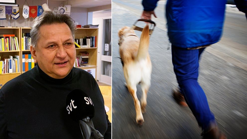 En man från Synskadades Riksförbund står framför kameran och blir intervjuad, bredvid en bild på en gående man med en ledarhund.