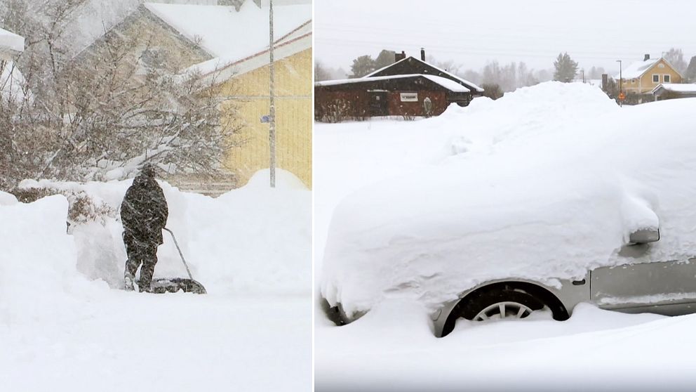 Stora snömängder på gator i Luleå.