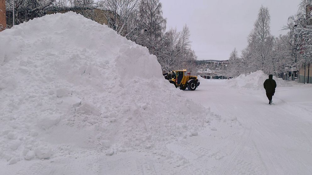 jättelik snöhög i förgrund, en fotgängare och en traktor som arbetar med snöröjning