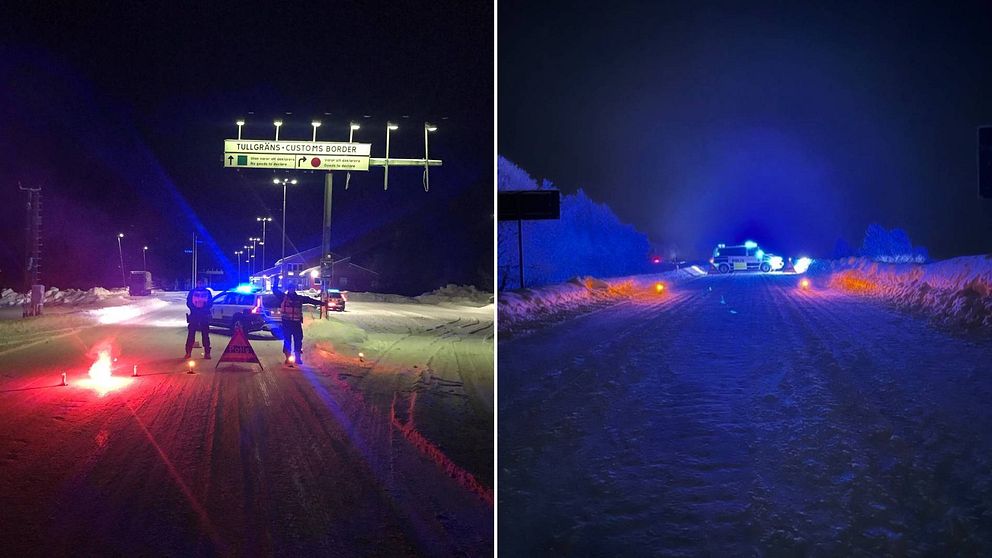 Dubbelbild. Till vänster poliser med polisbil vid Storliens gränsstation. Till höger en polisbil tvärs över en snöig väg i Fjällnäs.