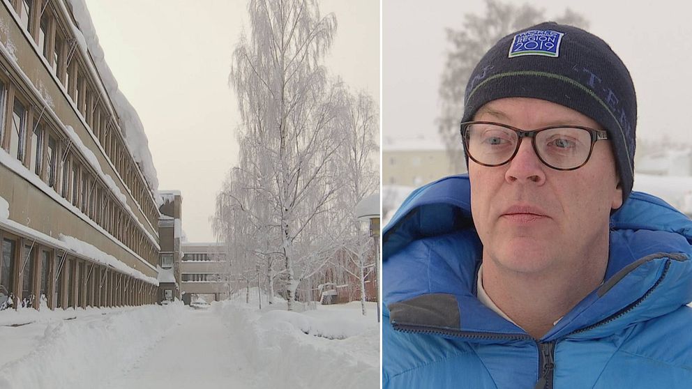 Dubbelbild. Till vänster en beige byggnad i tre våningar. Snö på bilden. Till höger man med svart mössa, glasögon och blå jacka.