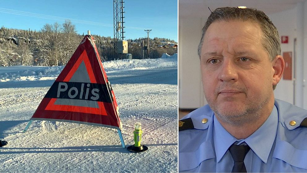 Delad bild. Till vänster en triangelformad skylt som det står polis på. Till höger en gråsprängd korthårig man med lite grå skäggstubb och polisuniform.