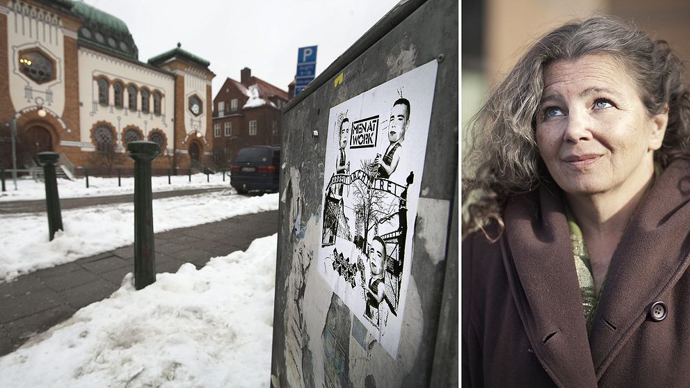 En antisemitisk affisch utanför den judiska synagogan i Rosengård. Bilden är tagen 2010.” ”Det är ett ständigt återupprepat mönster”, säger Heléne Lööw (till vänster).