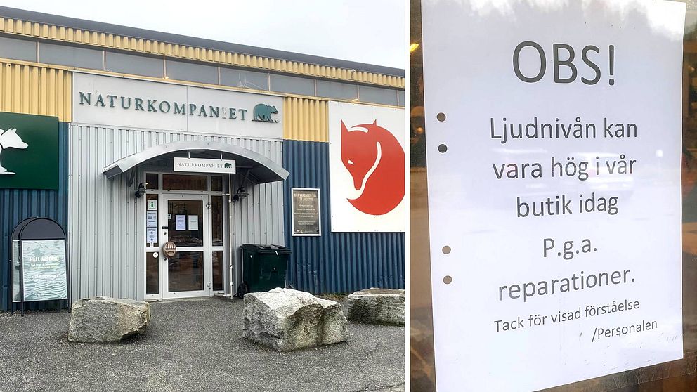 Dörr in till Naturkompaniet i Ö-vik och en lapp som säger att det sker reparationer i butiken efter en smash and grab.