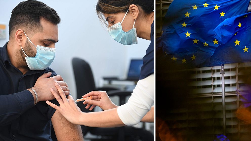 Bilden visar när en man i Storbritannien får Astra Zenecas vaccin samt EU-flaggor i Bryssel.