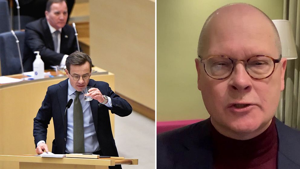 Kollaget visar en bild på partiledarna Stefan Löfven (S) och Ulf Kristersson (M) under en debatt i riksdagen samt en bild på SVT:s kommentator Mats Knutson.