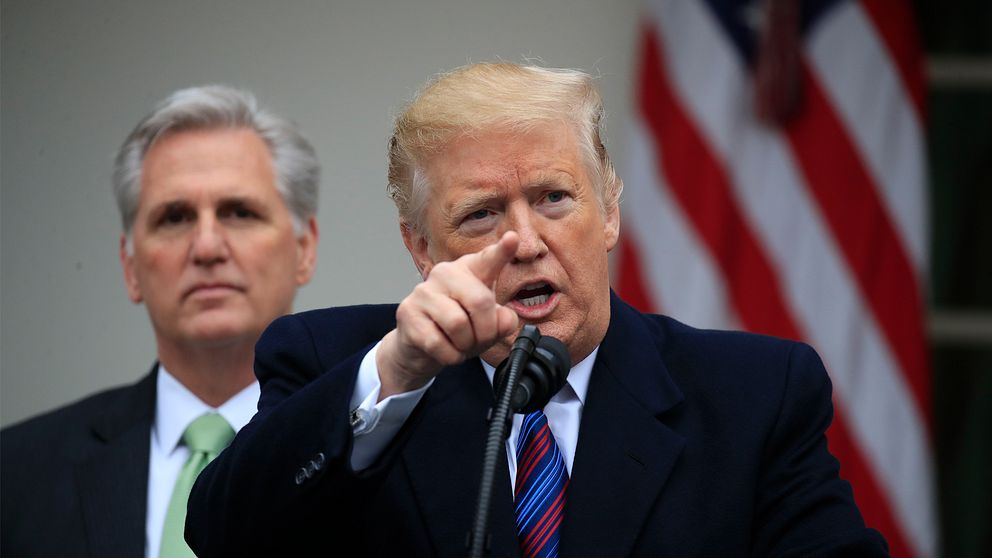 Donald Trump och den republikanske ledaren Kevin McCarthy utanför Vita Huset i januari 2019.