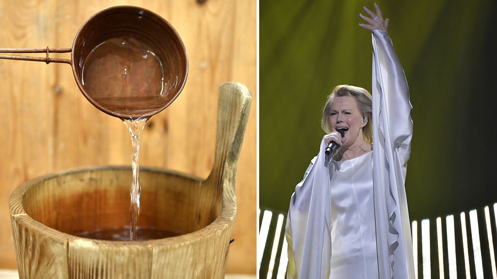 Bilden visar när någon skopar upp vatten ur en trähink i en bastu samt sångerskan Arja Saijonmaa i vit klädsel på Melodifestivalens scen.
