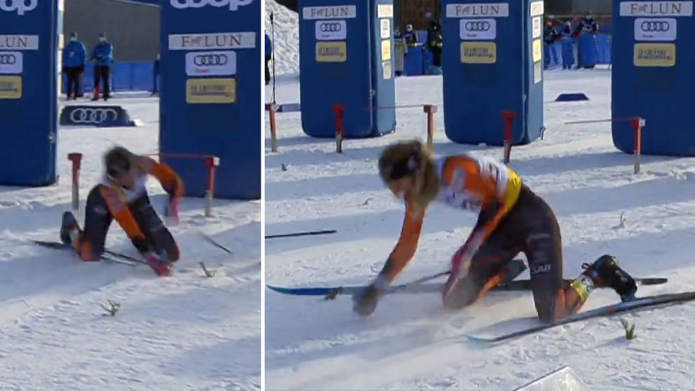 Svenskan Louise Lindström föll och bröt staven vid starten.