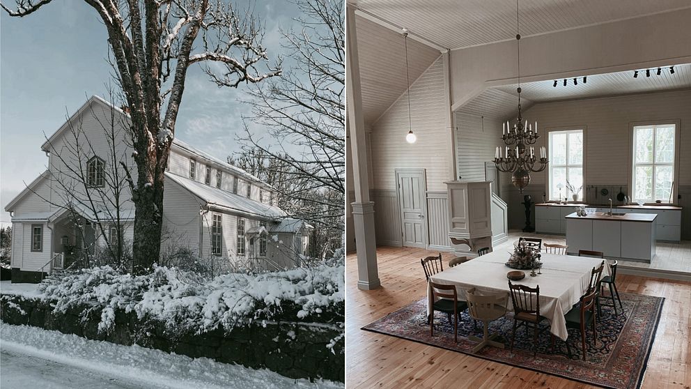 Bilden är ett collage med två lika stora bilder bredvid varandra. Den vänstra bilden är en översiktsbild på hela Strömsbergs kapell i vinterskrud. Den högra är en bild inuti kapellet på ett nyrenoverat kök.