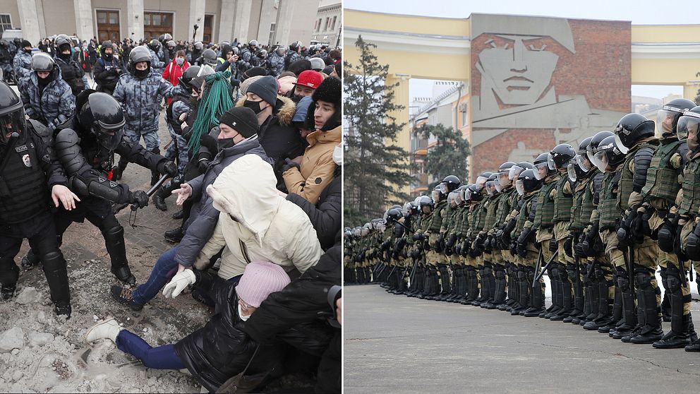 Under söndagen demonstrerade tusentals ryssar i städer runtom i Ryssland. T v rotester i Moskva, t h en polisblockad i Moskva.