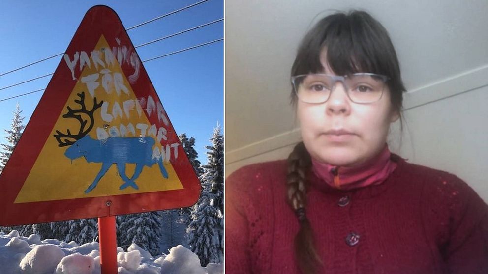 Dubbelbild. Till vänster bild på  en varningsskylt för ren som är klottrad på med texten ”varning för lappar dom tar allt”. Till höger kvinna med mörkt långt hår i fläta, glasögon och röd kofta.