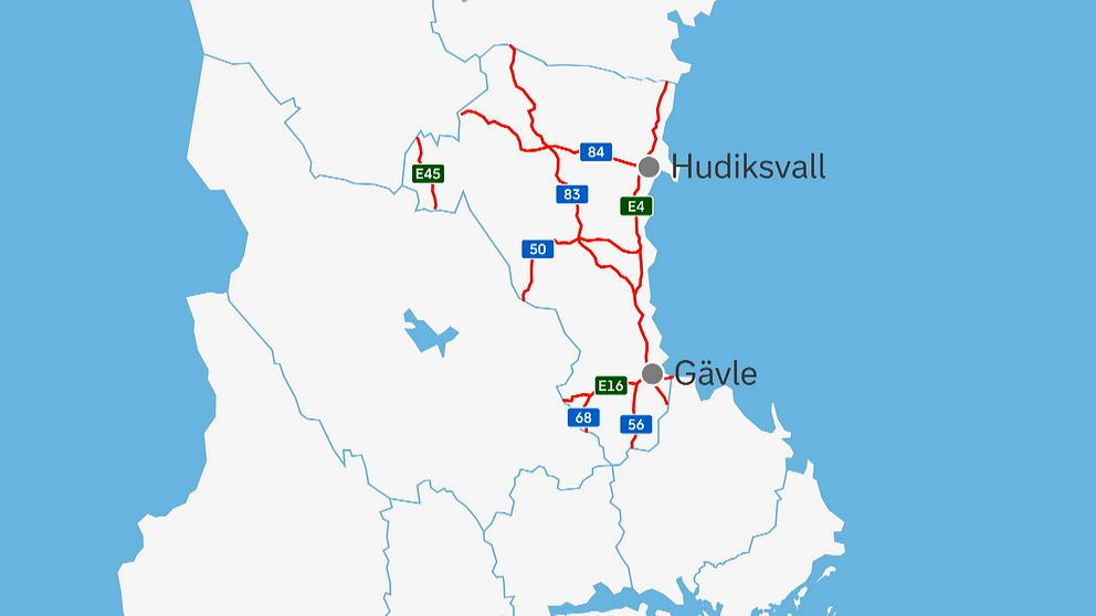 Statliga vägar i Trafikverkets regi i Gävleborg utmärkta på en karta.