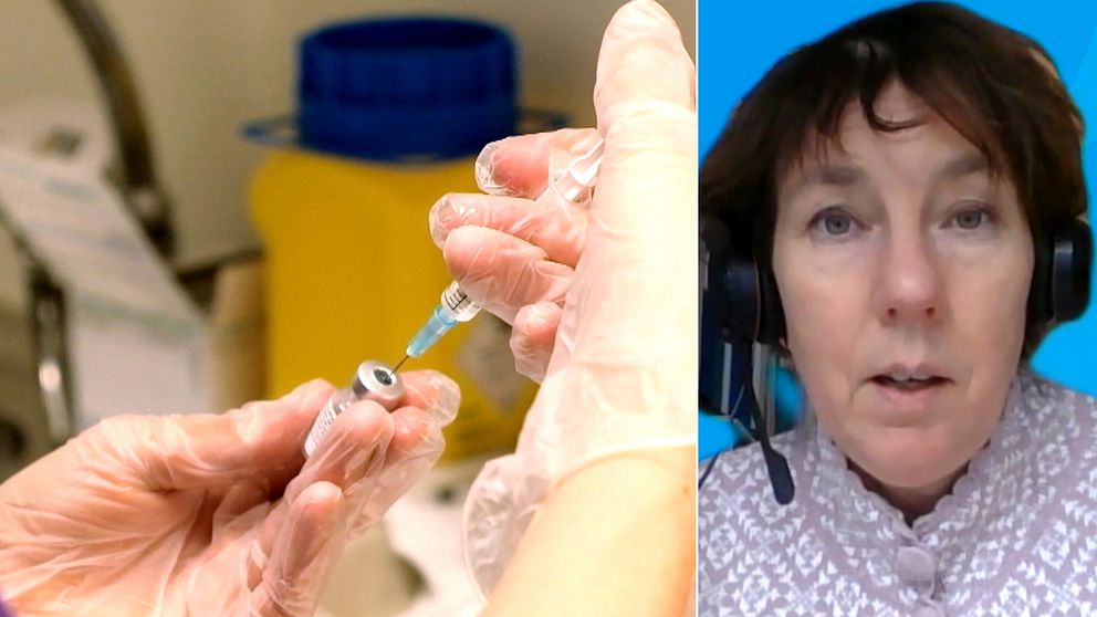 En sjuksköterskas händer med gummihandskar som fyller en  spruta ur en ampull, och en bild på en kvinna, som heter Karin Sellgren.