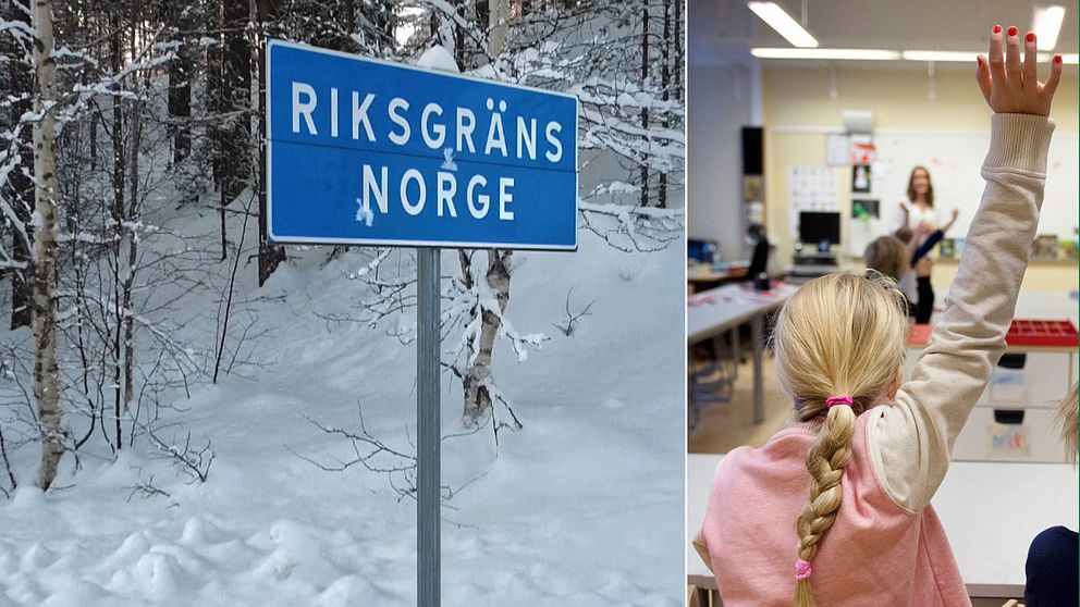 Delad bild på riksgränsen Norge och en flicka som räcker upp handen i en lektionssal.