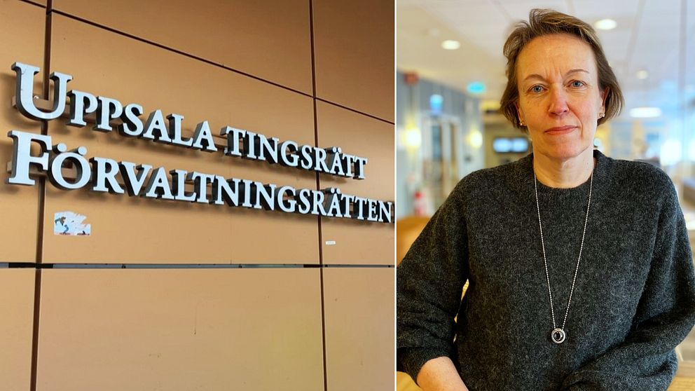 Skylten på utsidan av Uppsala tingsrätt bredvid tingsrättens chef Catarina Barketorp.