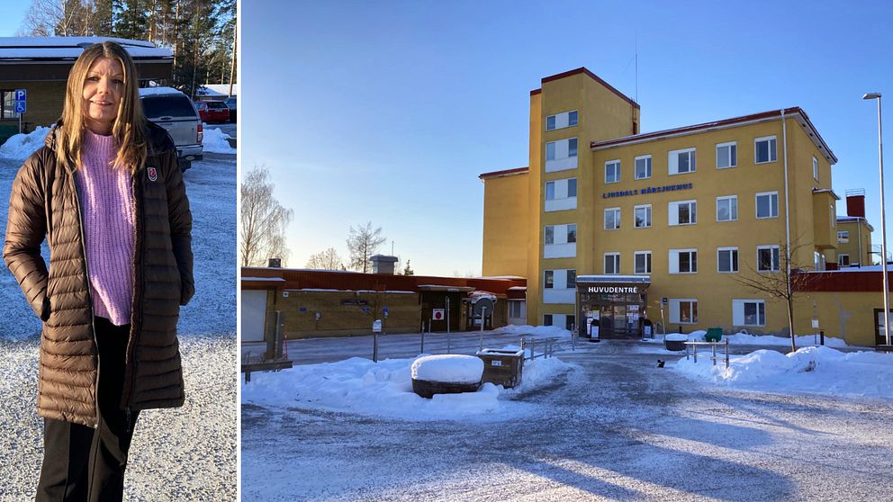 Bilden är ett collage bestående av två bilder med lodrät avskiljare. Vänster del: Anna-Lena Blixt är i en utomhusmilj. Höger del: Exteriör av Ljusdals närsjukhus.