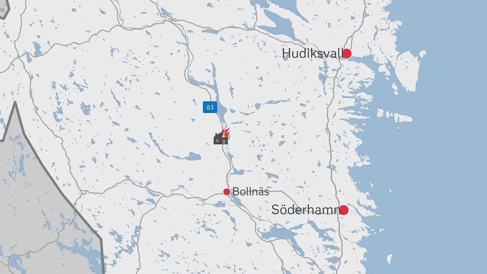 En karta över delar av Gävleborg där platsen för branden är markerad med en symbol för ett brinnande hus.