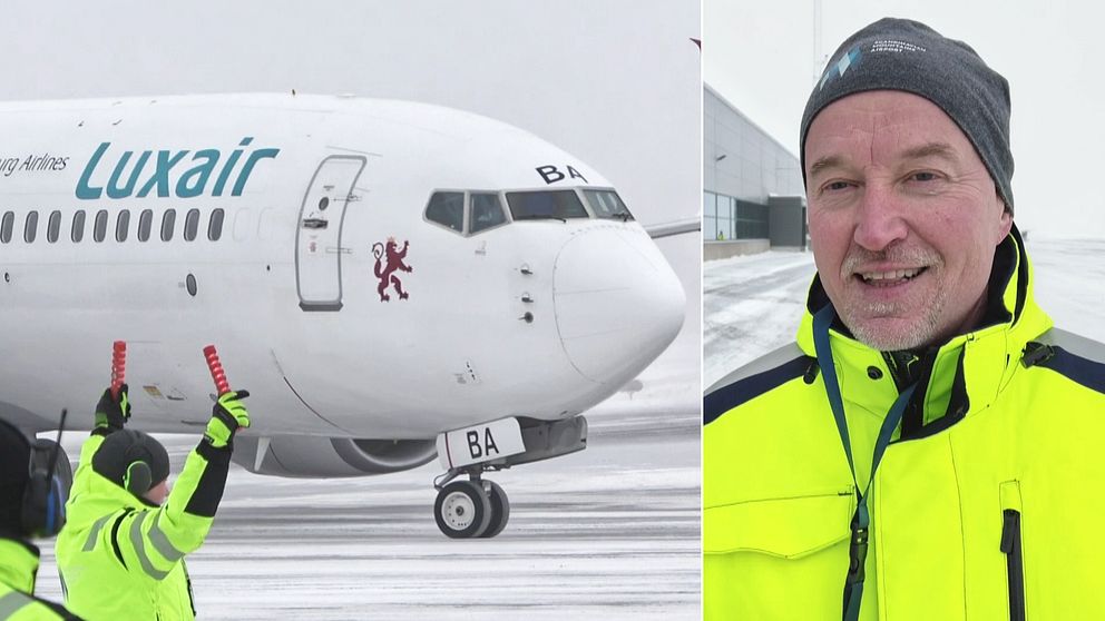 Bild på flygplan som landar på Sälens flygplats och en bild på vd Gunnar Lenman