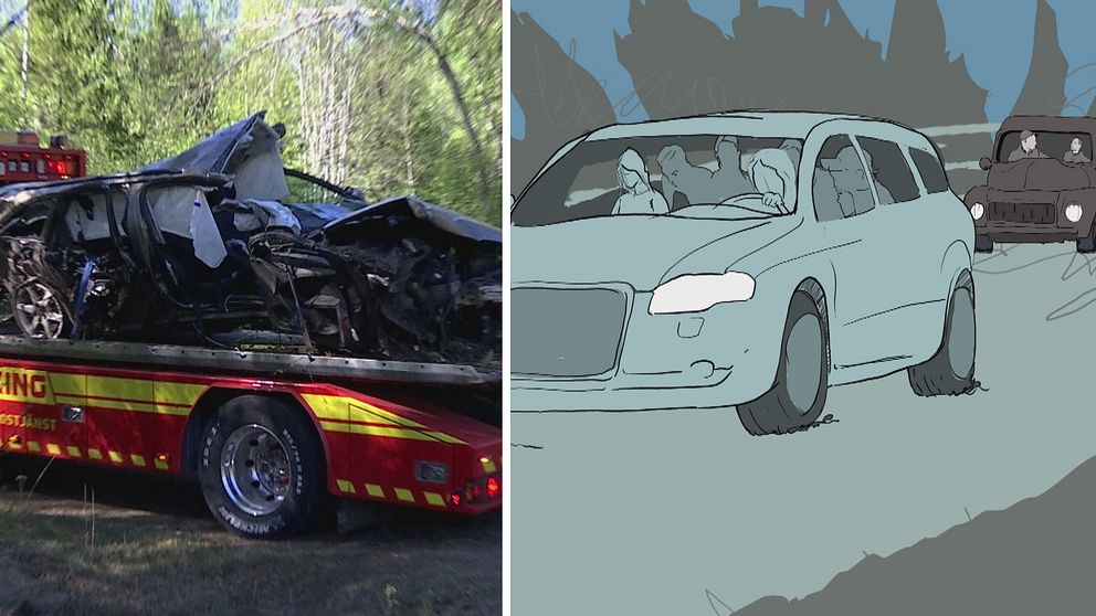 Till vänster en kraschad bil som bogseras och till höger en bild i grafik som en personbil och en epatraktor. Efter Sörforsolyckan.