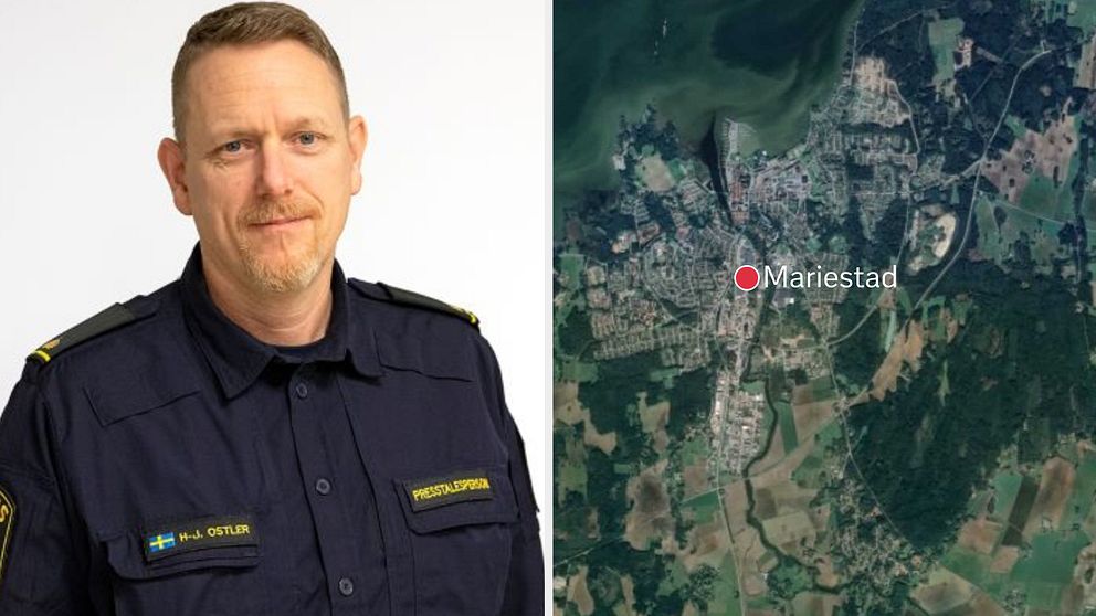 Polisens presstalesperson Hans-Jörgen Ostler och en kartbild över Mariestad.