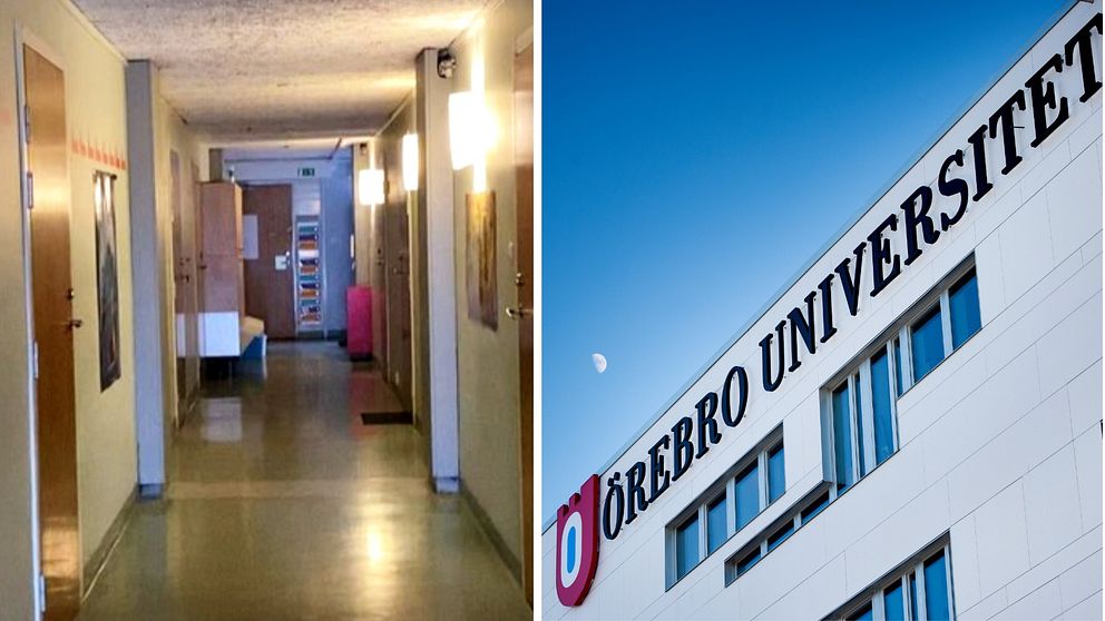 Till höger en bild på en studentkorridor och till höger en bild på Örebro universitet.