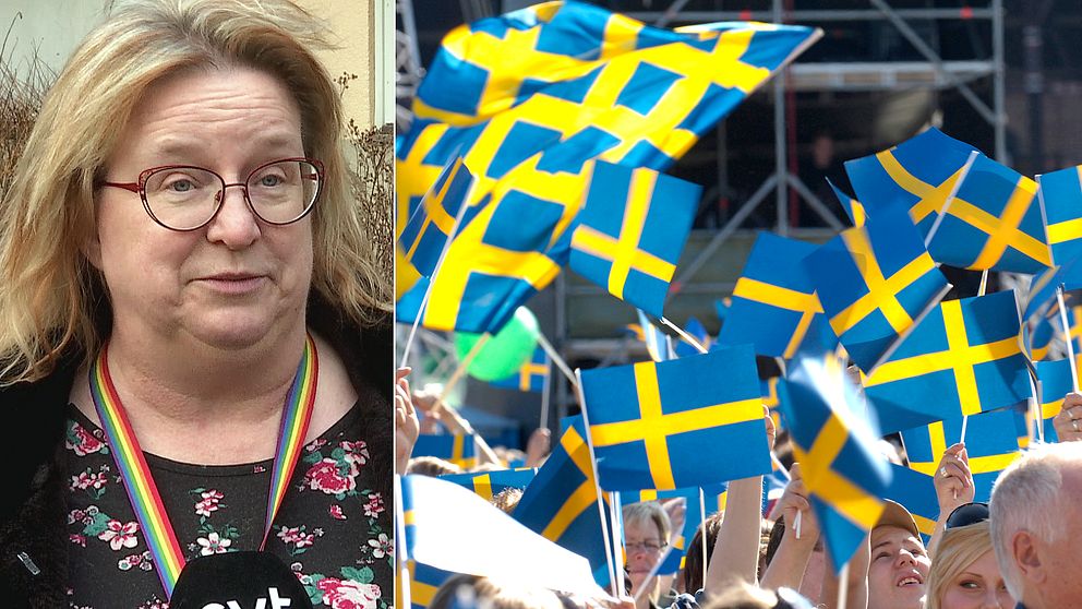 Helle Bryn-Jensen, länstyrelsens jurist, står framför en brun buske vid ett hus och svenska flaggan.