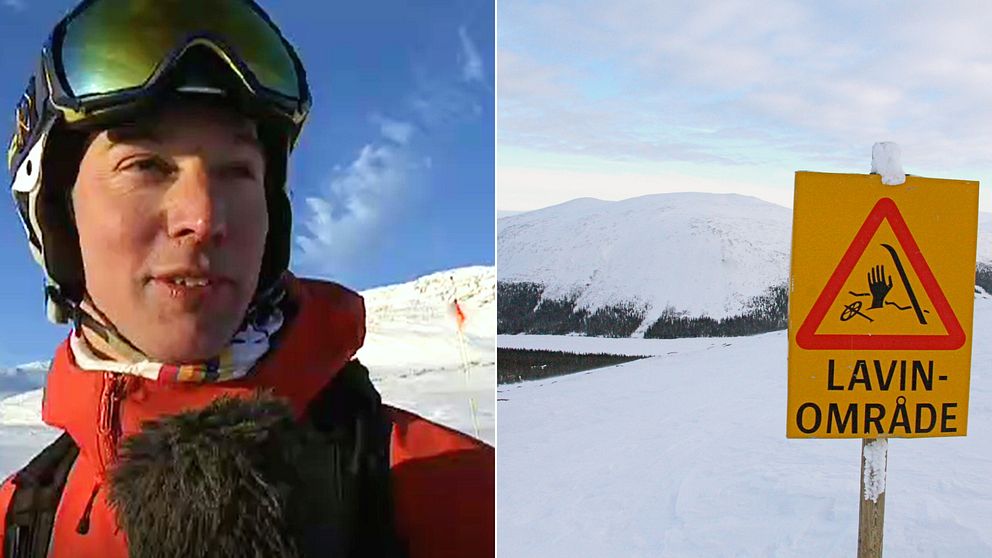 Bilden är ett kollage av Mattias Tarestad till vänster och ett snötäckt fjäll med en lavinrisk-skylt till höger