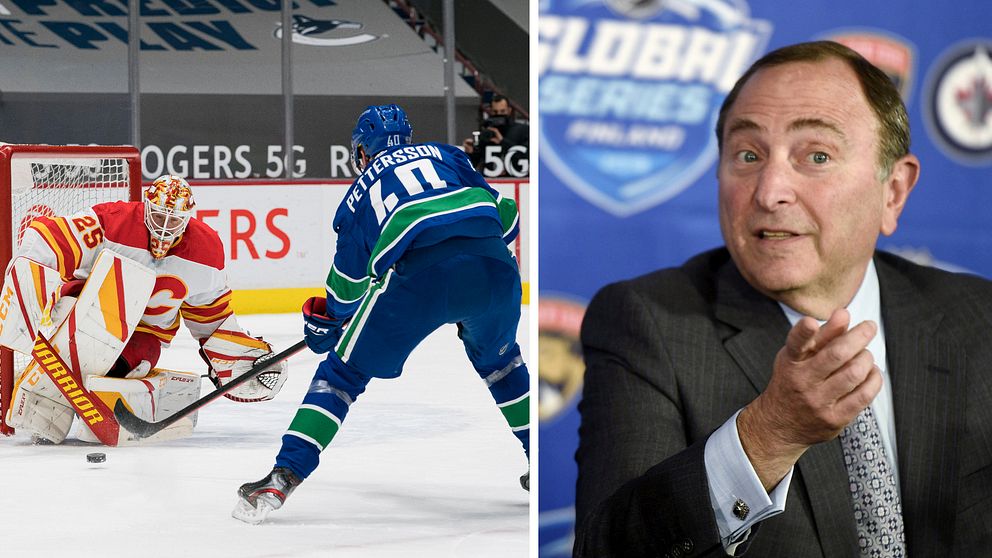 NHL får skarp kritik från Hockey Diversity Alliance. Till vänster Jacob Markström och Elias Pettersson, till höger NHL-bossen Gary Bettman.