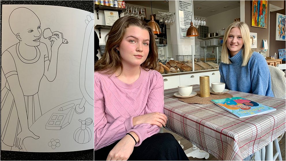 Till vänster en närbild på en målarbok, på höger sida av bildblocket en mörkhårig ung tjej och en ljushårig ung tjej vid ett cafébord.