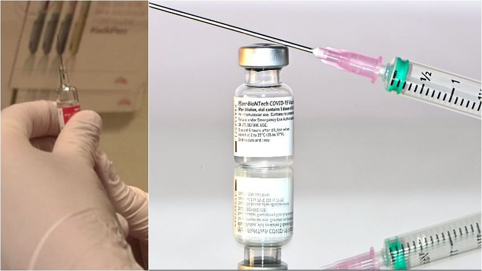 Till vänster en hand som håller i en vaccinspruta. Till höger en vaccinflaska med tillhörande spruta.