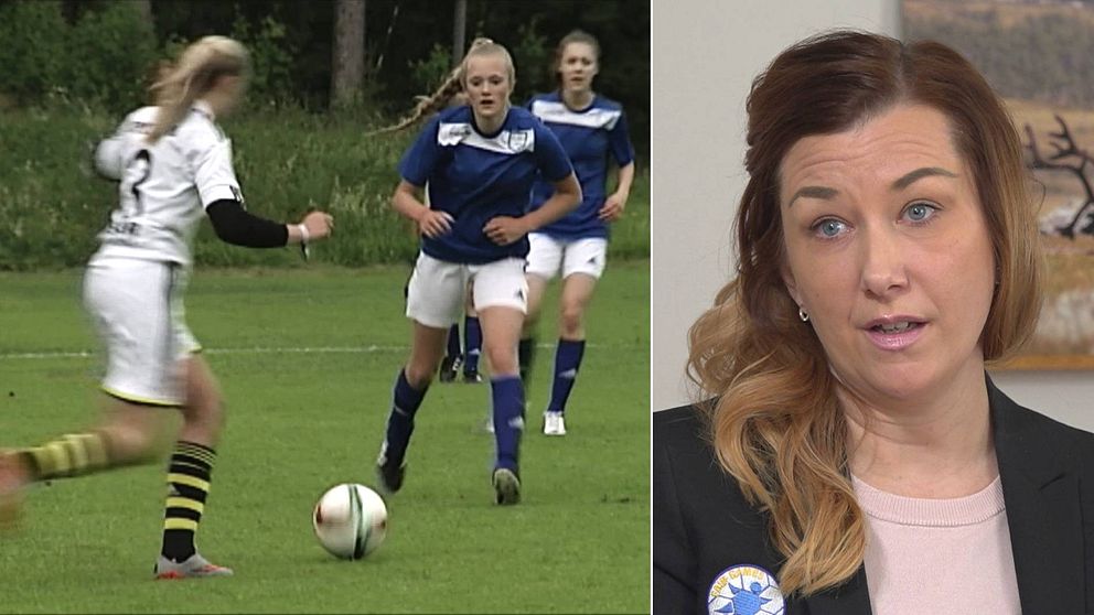 tre tjejer som spelar fotbollsmatch, samt närbild på Storsjöcupens Teres Gärdin – en medelålders kvinna