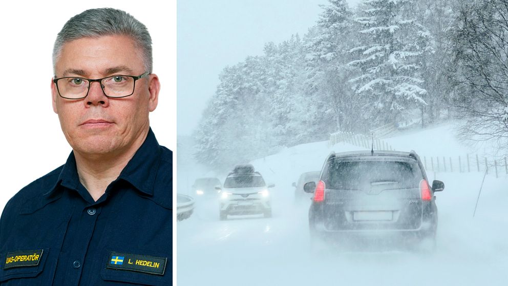 Dubbelbild: porträtt på uniformerad polis, kortklippt med glasögon och vintertrafik i kraftigt snöfall