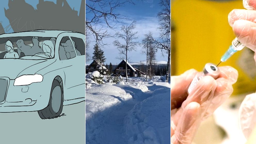 Grafik på bil, fjällstugor och snö samt vaccinspruta