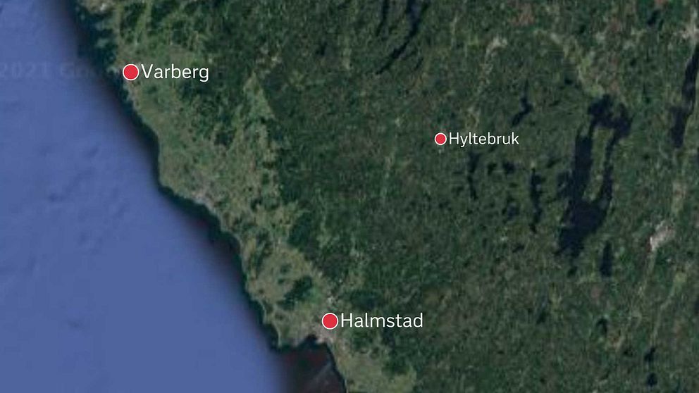 En karta som visar var Hyltebruk ligger, med Varberg och Halmstad som referenspunkter.