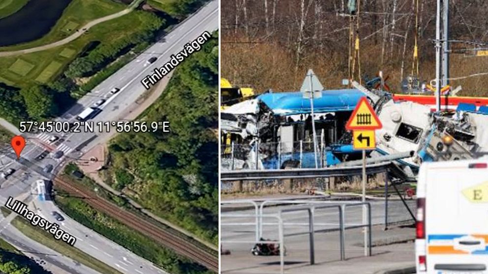 Starta klippet för att se platsen på Hisingen där tåget dundrade rakt in i en stillastående buss