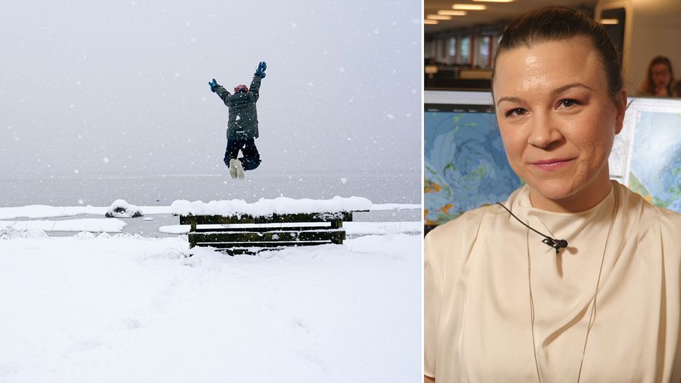 barn som hoppar i snön, meteorolog Josefin Bergstedt