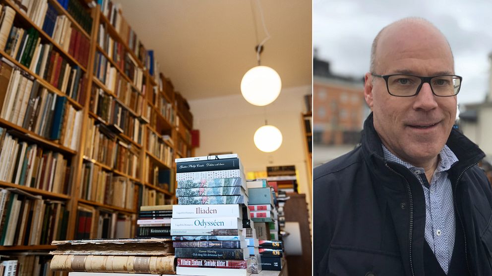 Till vänster: bokhögar. Till höger: Jan Dzedins, kulturchef Emmaboda