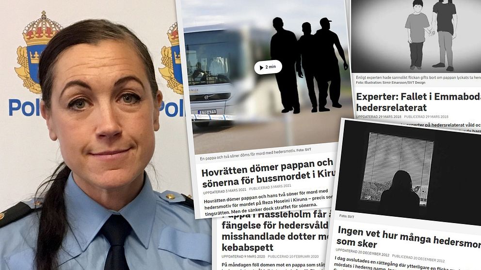 Bilden visar Jenny Edin på polisen framför Polismyndighetens logga samt rubriker från artiklar som handlar om hedersbrott.