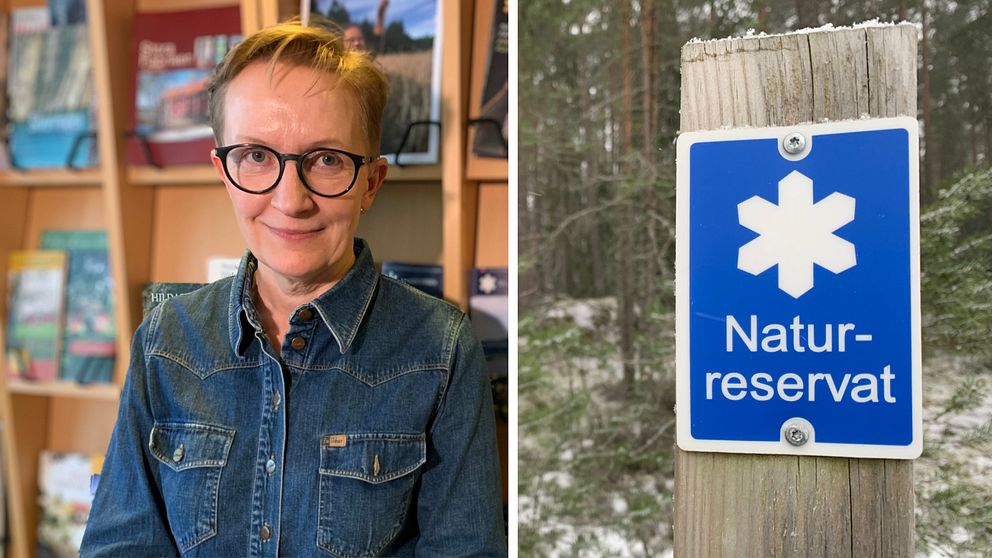 Jetm Anna Eriksson på Länsstyrelsen och en skylt som visar att det är ett naturreservat.