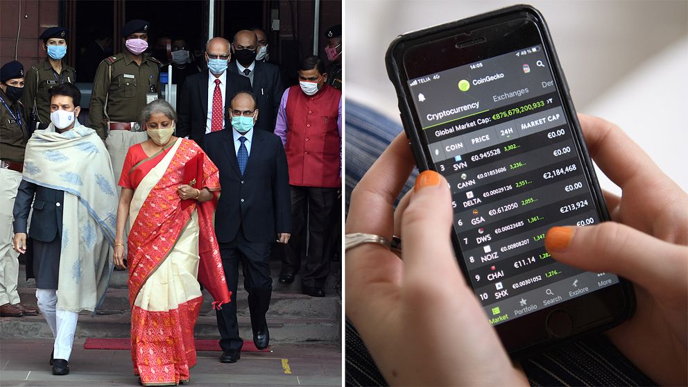 Indiens finansminister Nirmala Sitharaman och någon som handlar med kryptovaluta.