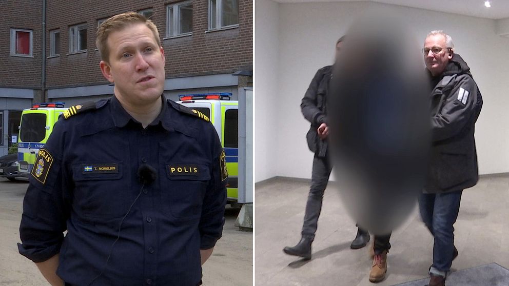 Man med polisuniform och armarna bakom ryggen. Bredvid två civilpoliser som