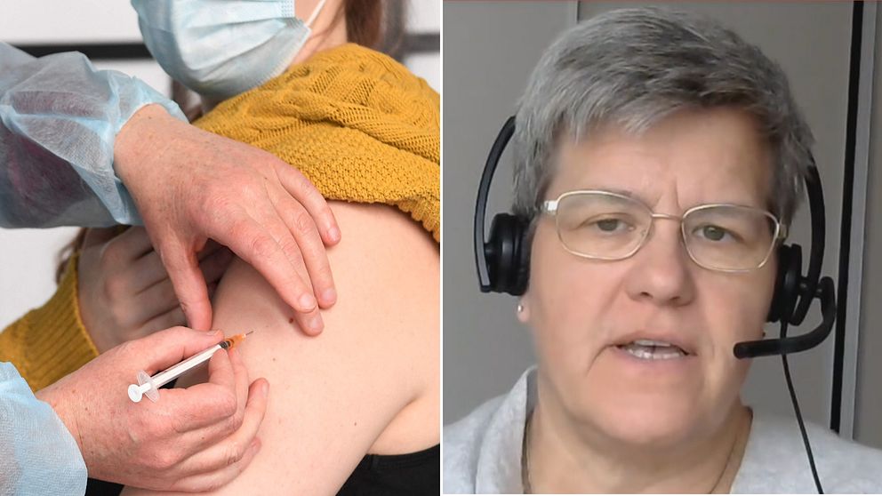 Bilden är splittad i två. Den vänstra bilden visar närbild på en person som får en spruta i armen. Den högra bilden är en porträttbild på vaccinsamordaren Marie Ragnarsson.