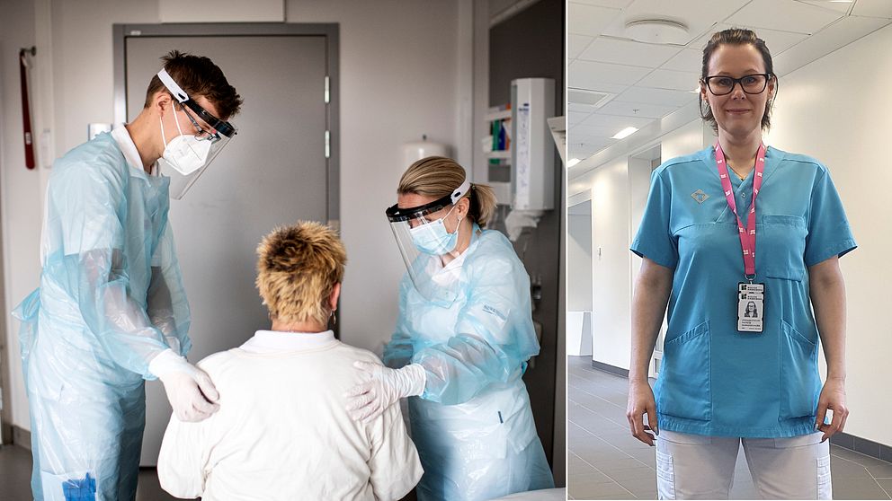 Till vänster: Sjukhuspersonal: Till höger: Therese Silvander Ahlrik, verksamhetschef på rehabkliniken.