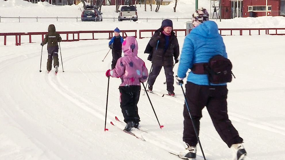 Människor som åker längdskidor. Två vuxna och tre barn.