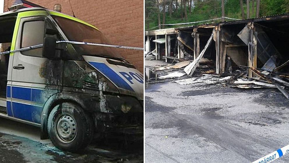 En polisbil sattes i brand på Hisingen under vintern 2015. Till höger en anlagd brand i en garagelänga i Kortedala 2013.