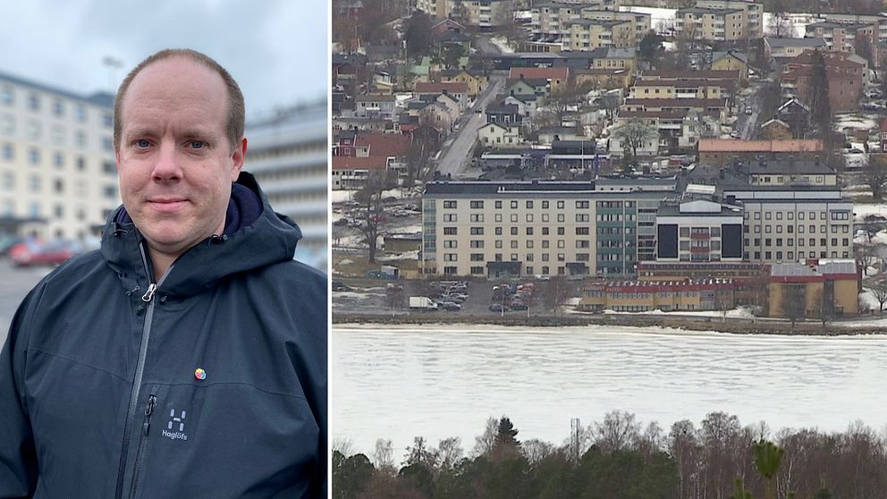 Ett kollage med en bild på en man och en bild på en vy från Härnösand.